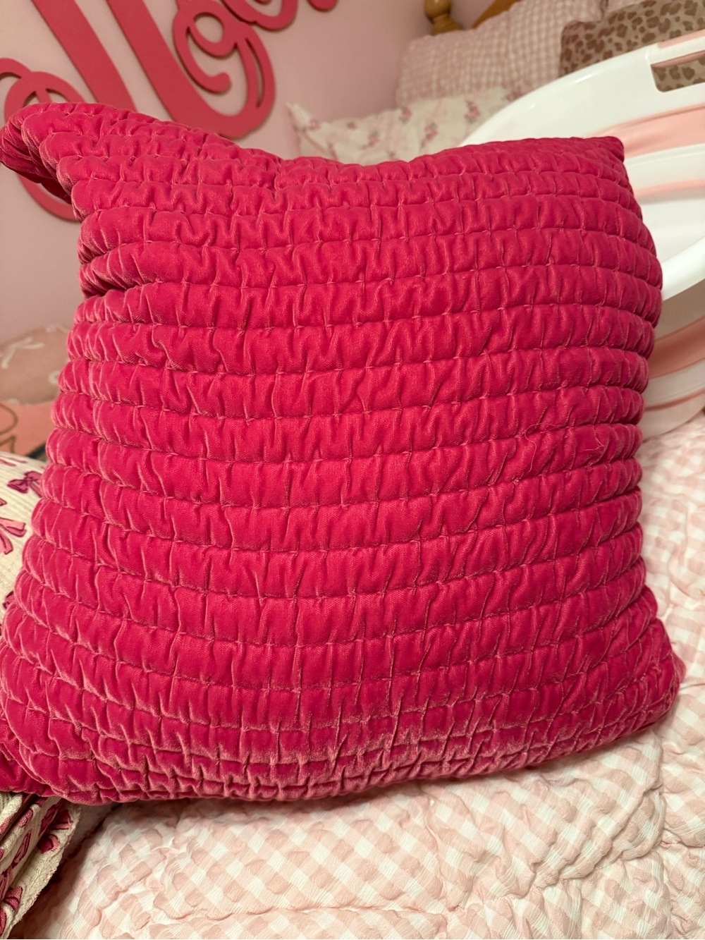 Plush Quilted Velvet Throw Pillow in Hot Pink